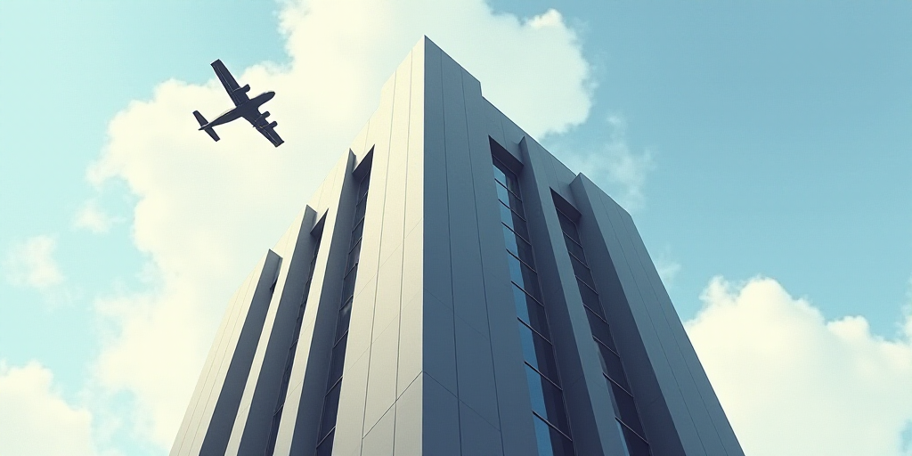 a tall building with a sky background and a plane flying by it's side in the air above it, Enguerran