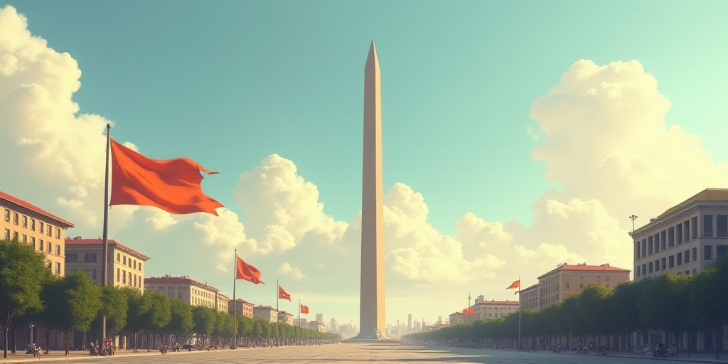 a tall obelisk in a city with a flag flying in the wind and a building in the background, Emiliano P