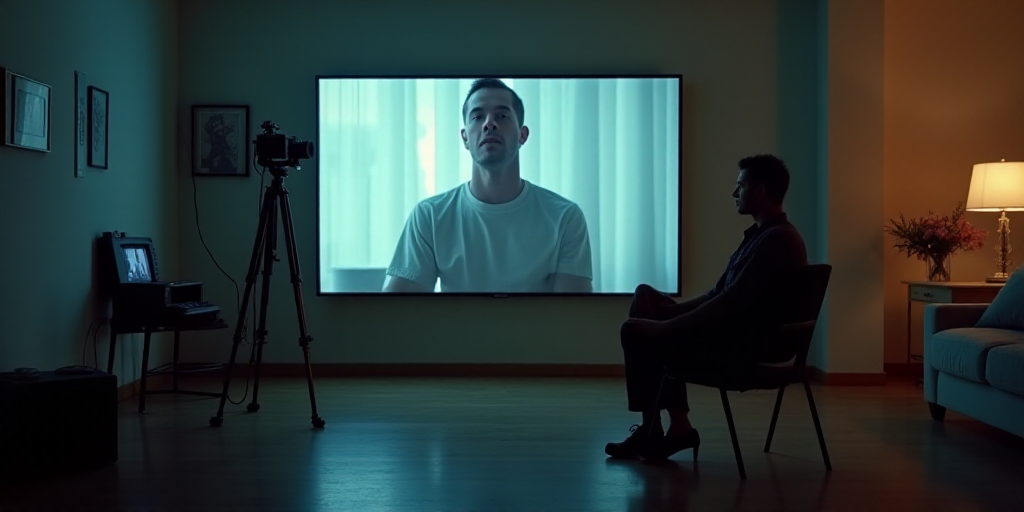 a television screen with a man on it and a camera behind it and a person sitting on a chair, Andries