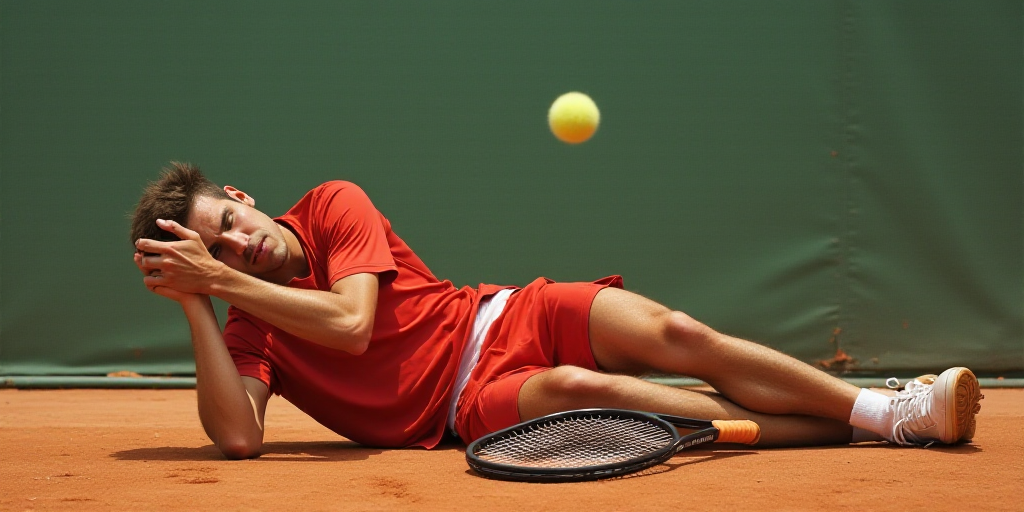 a tennis player is falling on the court after falling off his racket to the ground while holding his
