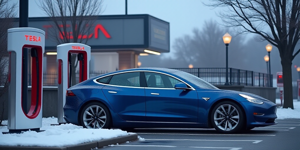 a tesla charging station with a blue tesla car in the background and a blue tesla car in the foregro