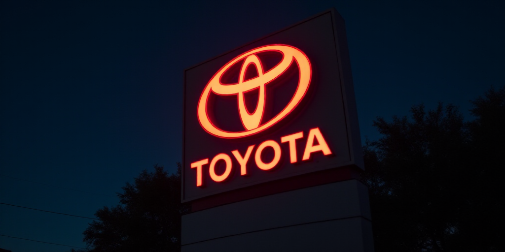 a toyota sign is lit up in the dark at night time, with the word toyota on it's side, Ai-Mitsu, logo