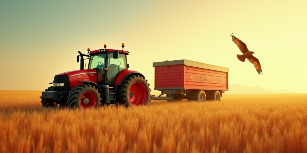 a tractor and a tractor trailer in a wheat field with a bird flying overhead in the background and a