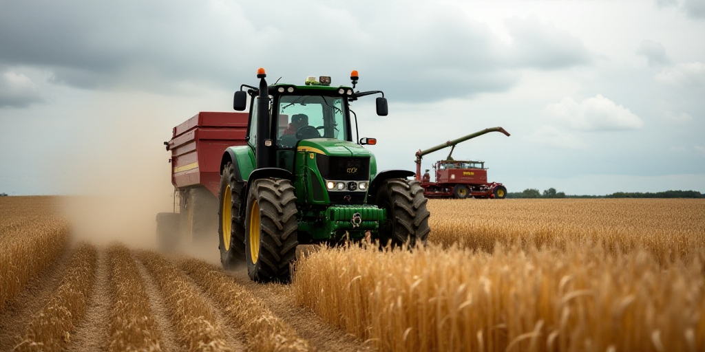 a tractor is driving through a field of tall grass with a plow in the background on a cloudy day, Ed
