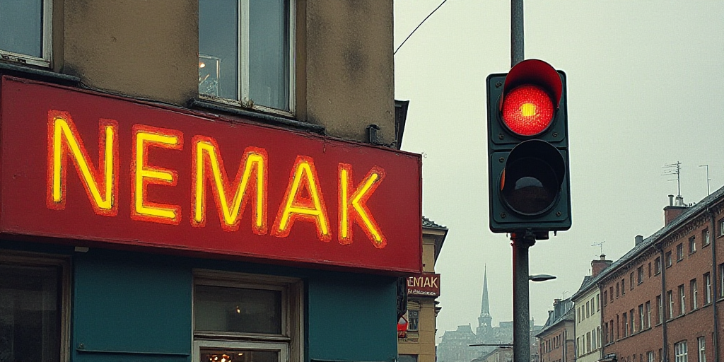 a traffic light and a sign on a building that says nemak on it's side and a traffic light in the bac