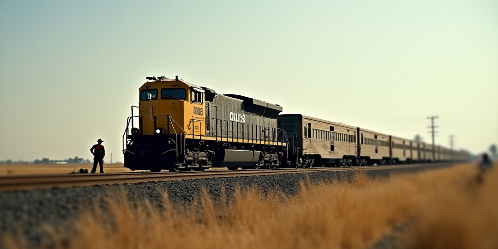 a train is being built on a track in the middle of a field with workers nearby and a construction cr