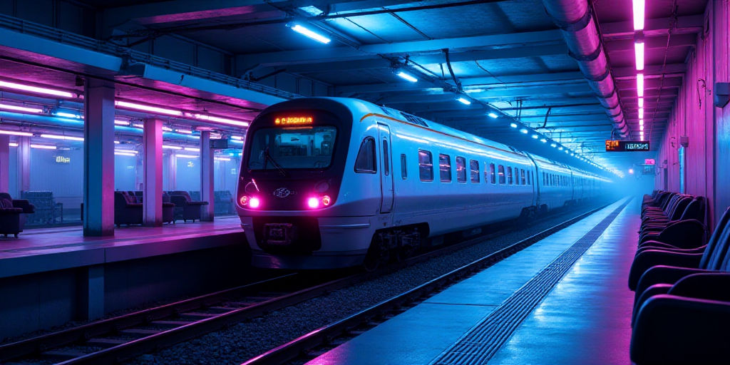 a train is parked in a train station with blue and purple lights on the ceiling and a train on the t