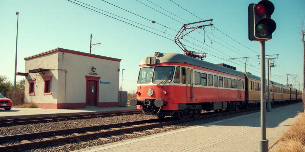 a train is parked on the tracks near a building and a traffic signal pole and a sign that says molot