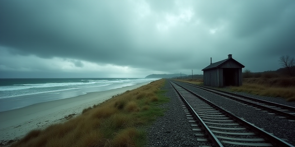 a train track running along the side of a beach next to a body of water with a small hut on the side
