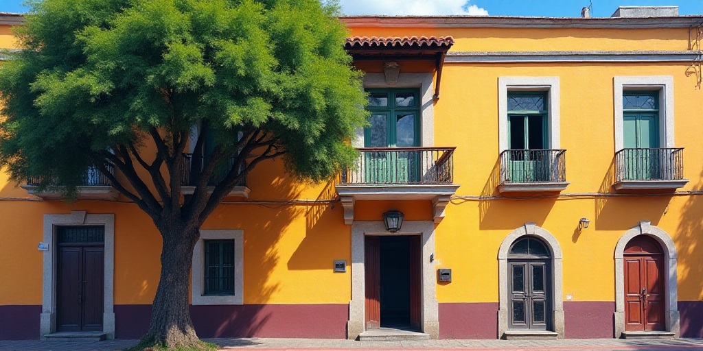 a tree is in front of a building with a balcony and balconies on the second floor of the building, C