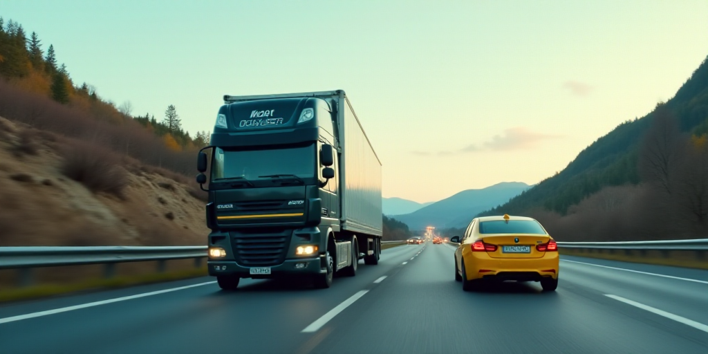 a truck driving down a highway next to a yellow car and a yellow taxi cab driving down the road, Cef