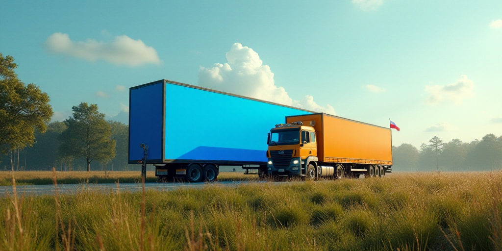a truck driving past a blue sign in front of a field of grass and trees with a flag in the backgroun