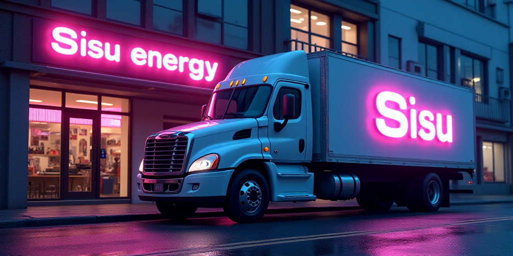 a truck is parked in front of a building with a sign on it that says sisu energy on it, Ai-Mitsu, ne