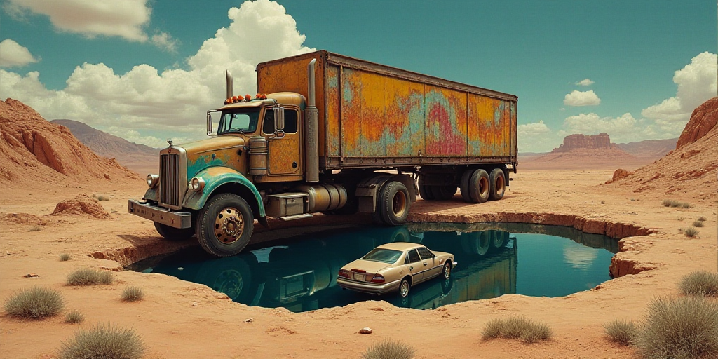 a truck that has crashed into a road and is in the middle of a sink with a car in it, David Alfaro S