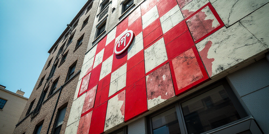 a tsnc sign on the side of a building with a red and white checkered design on it, Charles Thomson,