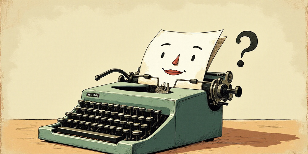a typewriter with a face drawn on it and a caption for the words opinion and a question, Edward Otho