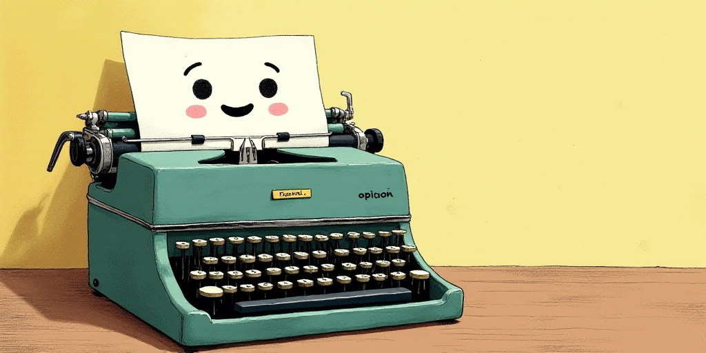 a typewriter with a face drawn on it and a caption for the words opinion and a question, Edward Otho