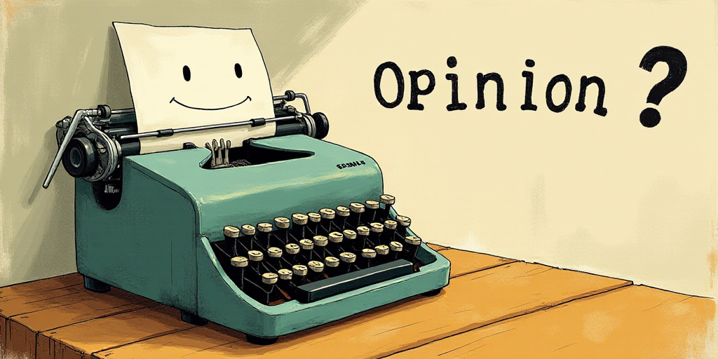 a typewriter with a face drawn on it and a caption for the words opinion and a question, Edward Otho