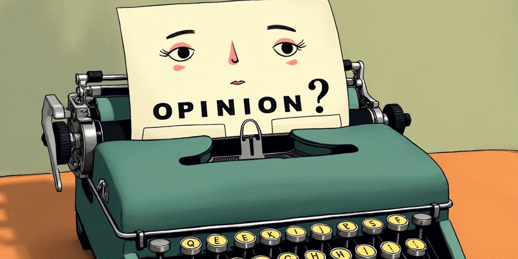 a typewriter with a face drawn on it and a caption for the words opinion and a question, Edward Otho