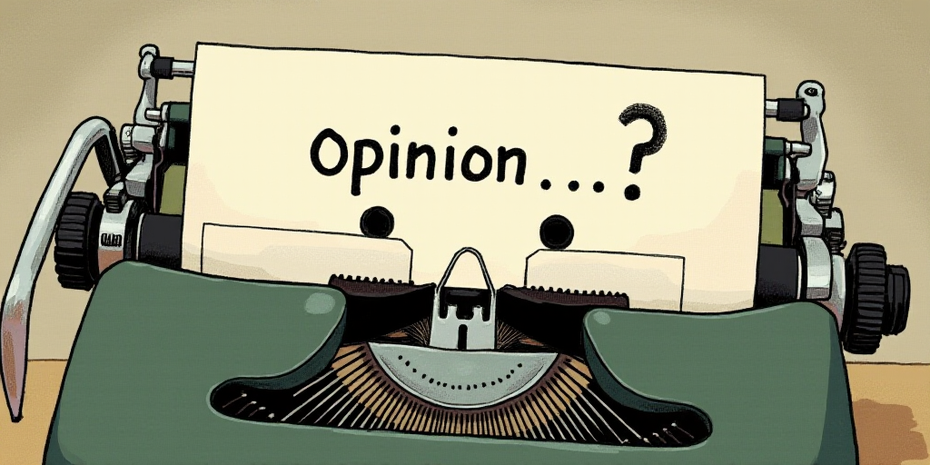 a typewriter with a face drawn on it and a caption for the words opinion and a question, Edward Otho