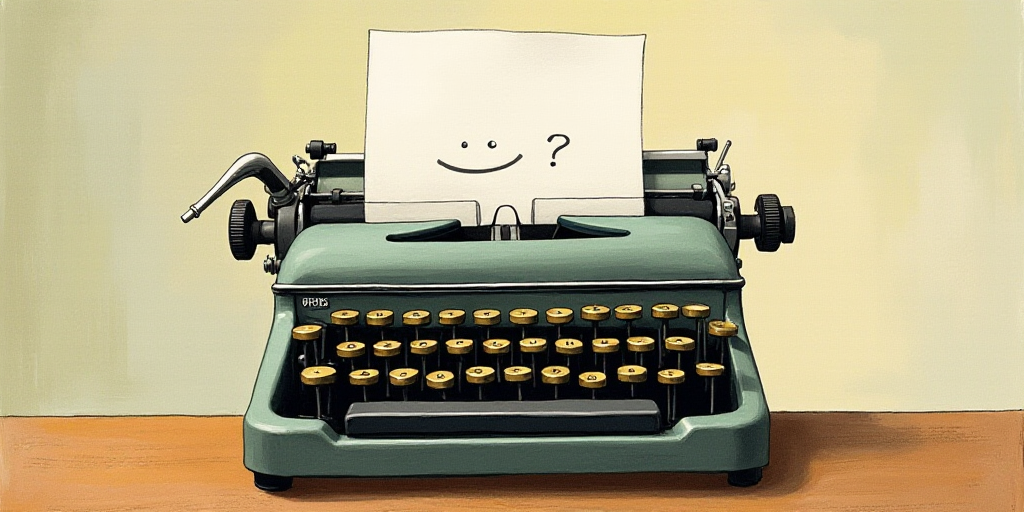 a typewriter with a face drawn on it and a caption for the words opinion and a question, Edward Otho