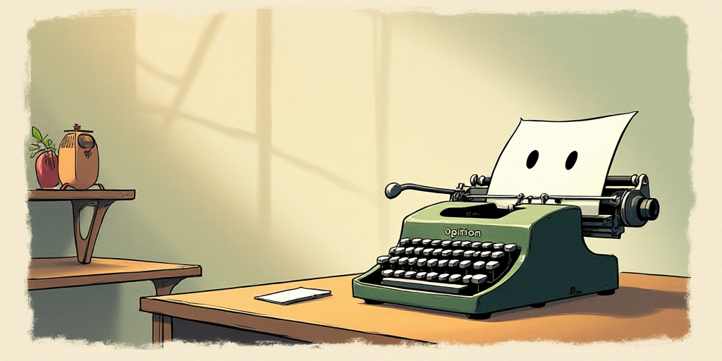 a typewriter with a face drawn on it and a caption for the words opinion and a question, Edward Otho
