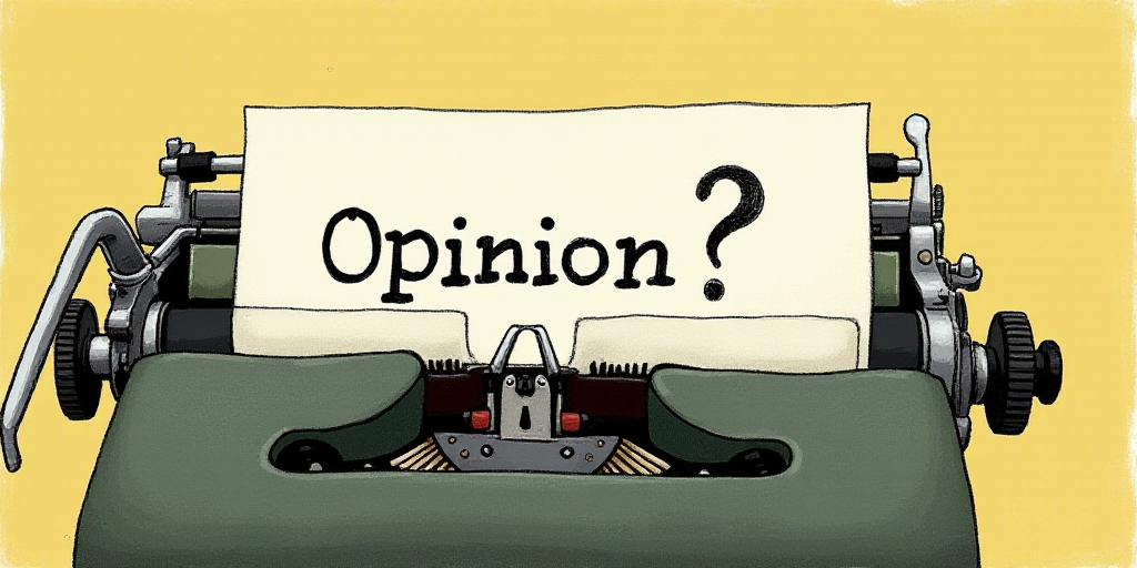 a typewriter with a face drawn on it and a caption for the words opinion and a question, Edward Otho