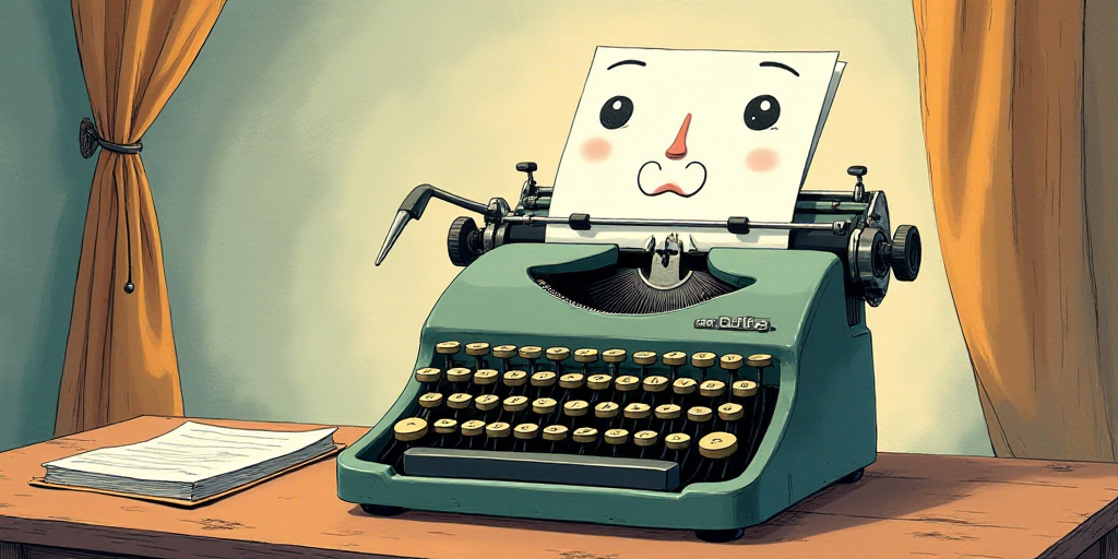 a typewriter with a face drawn on it and a caption for the words opinion and a question, Edward Otho