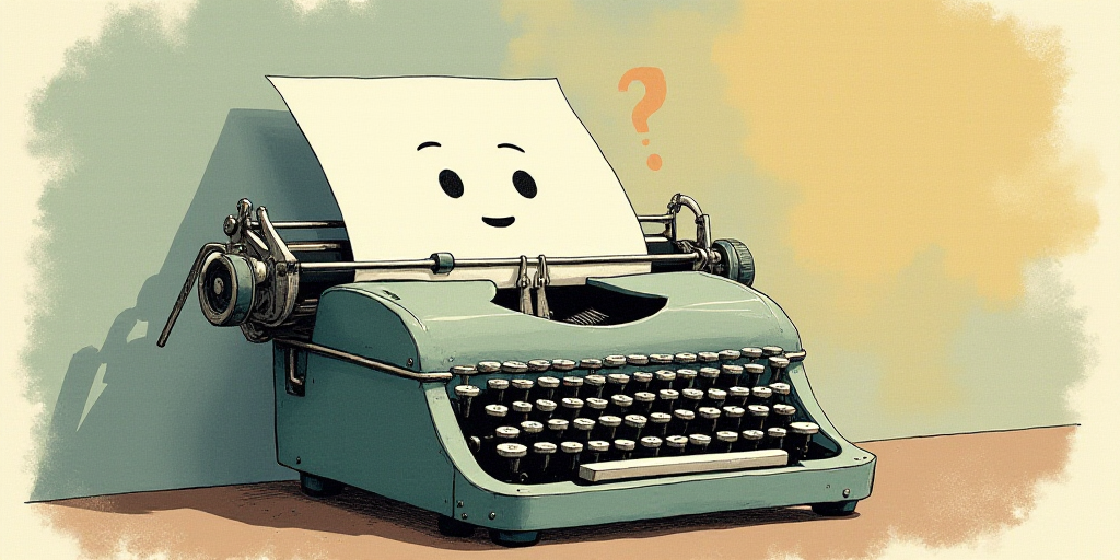 a typewriter with a face drawn on it and a caption for the words opinion and a question, Edward Otho