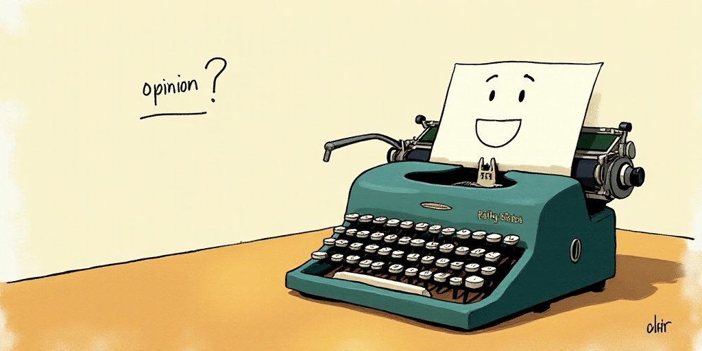 a typewriter with a face drawn on it and a caption for the words opinion and a question, Edward Otho