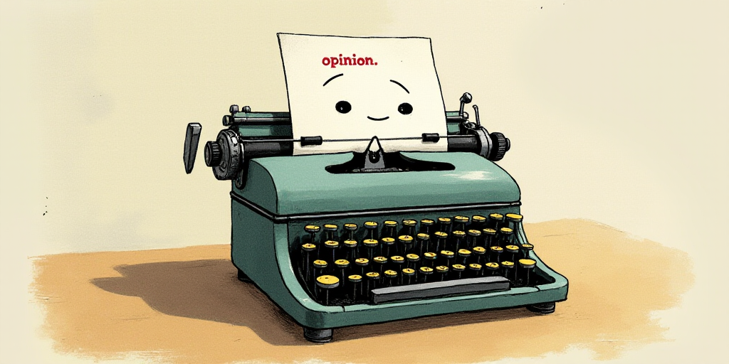a typewriter with a face drawn on it and a caption for the words opinion and a question, Edward Otho