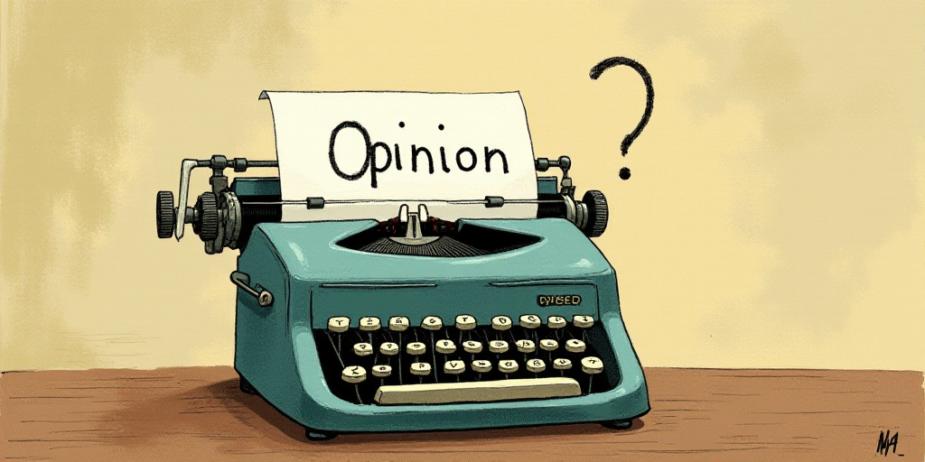 a typewriter with a face drawn on it and a caption for the words opinion and a question, Edward Otho