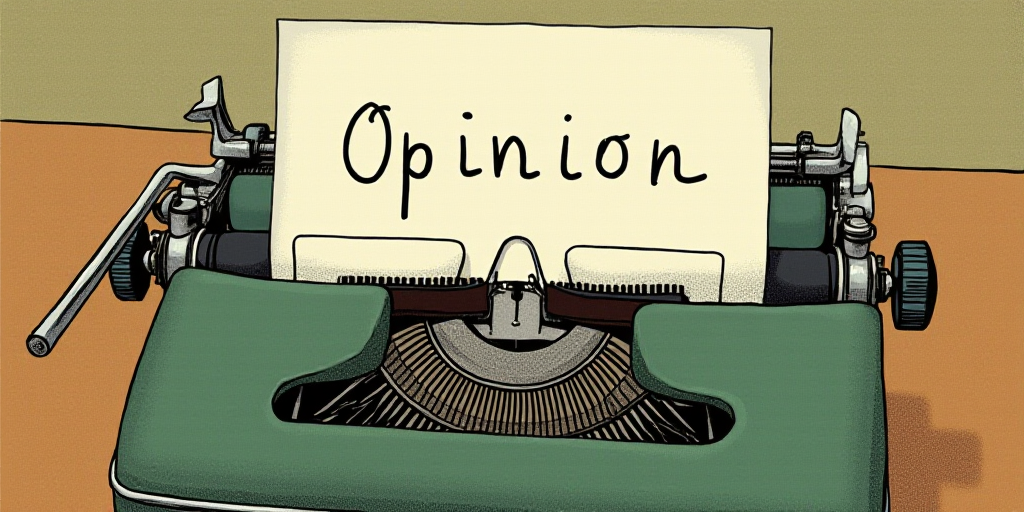 a typewriter with a face drawn on it and a caption for the words opinion and a question, Edward Otho
