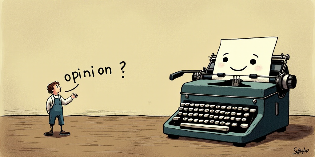 a typewriter with a face drawn on it and a caption for the words opinion and a question, Edward Otho