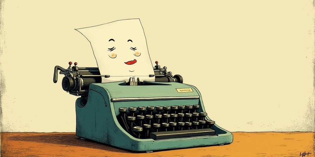 a typewriter with a face drawn on it and a caption for the words opinion and a question, Edward Otho