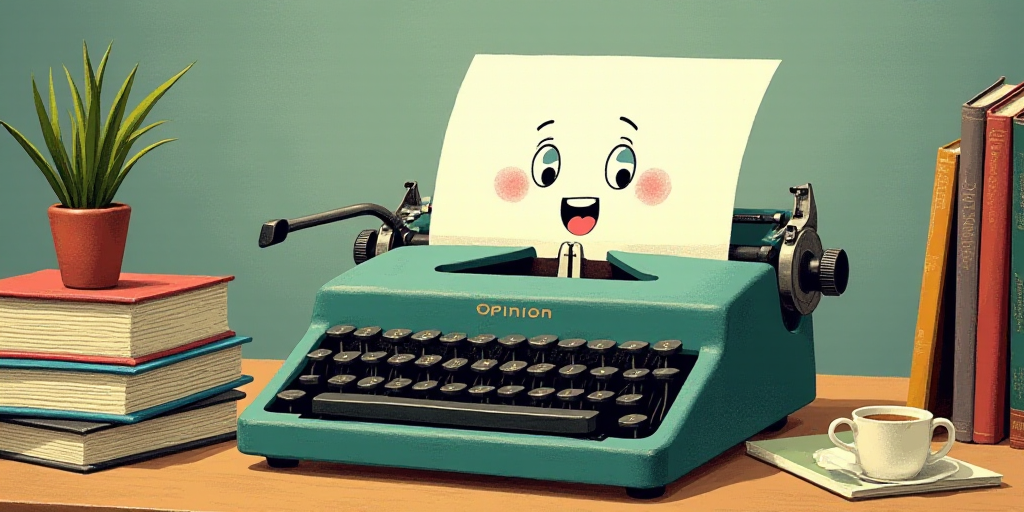a typewriter with a face drawn on it and a caption for the words opinion and a question, Edward Otho