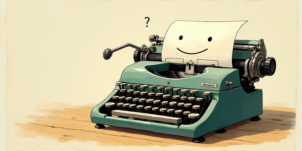 a typewriter with a face drawn on it and a caption for the words opinion and a question, Edward Otho