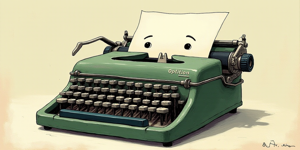 a typewriter with a face drawn on it and a caption for the words opinion and a question, Edward Otho