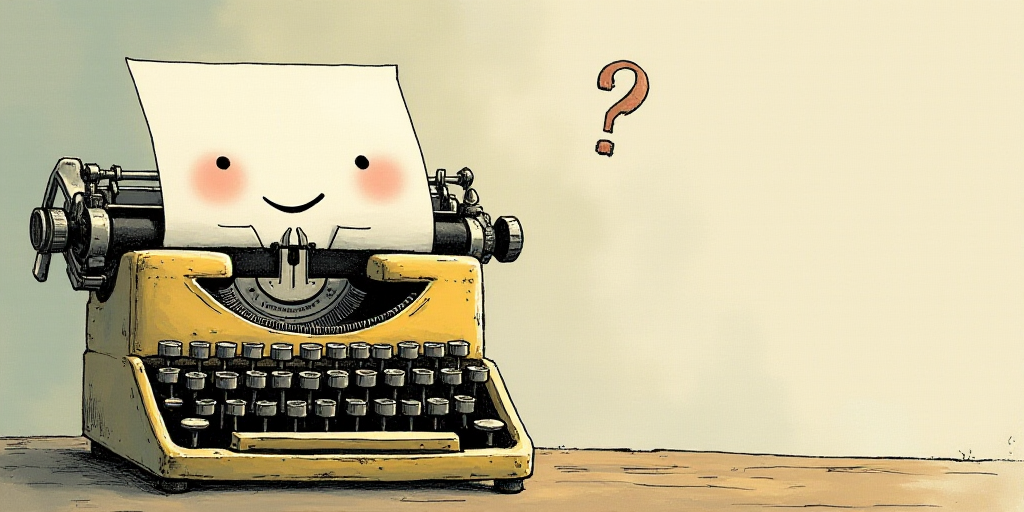 a typewriter with a face drawn on it and a caption for the words opinion and a question, Edward Otho