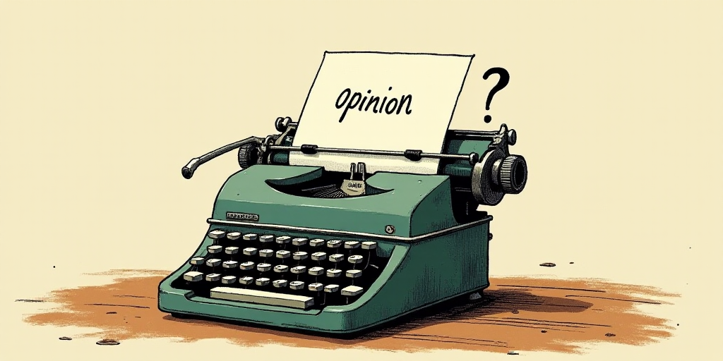 a typewriter with a face drawn on it and a caption for the words opinion and a question, Edward Otho
