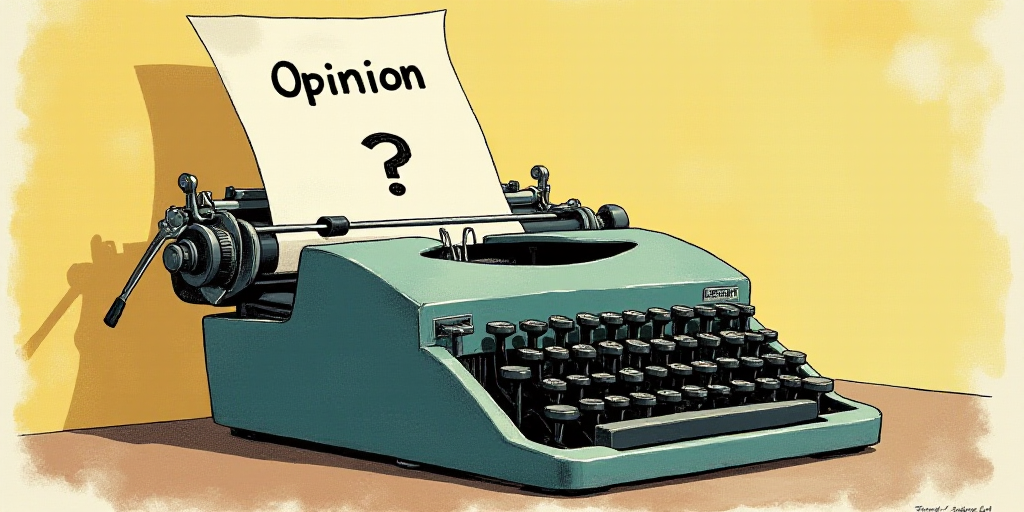 a typewriter with a face drawn on it and a caption for the words opinion and a question, Edward Otho