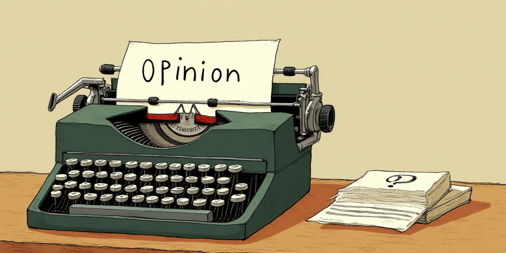 a typewriter with a face drawn on it and a caption for the words opinion and a question, Edward Otho