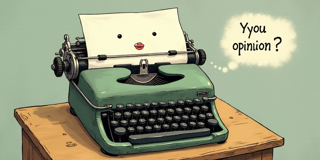 a typewriter with a face drawn on it and a caption for the words opinion and a question, Edward Otho
