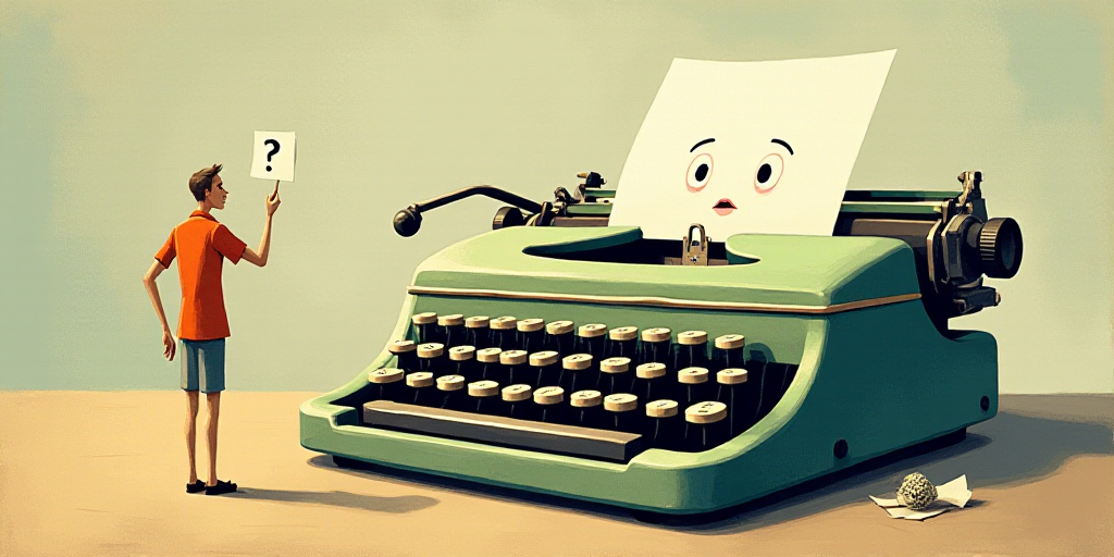 a typewriter with a face drawn on it and a caption for the words opinion and a question, Edward Otho