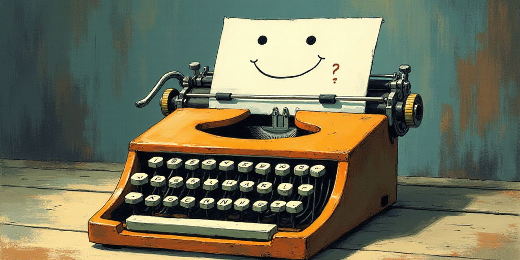 a typewriter with a face drawn on it and a caption for the words opinion and a question, Edward Otho