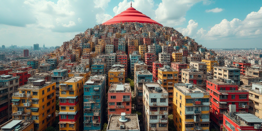 a very large group of buildings in a city with many colors on them and a red roof on top, Edi Rama,
