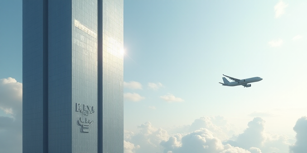 a very tall building with a very large sign on it's side and a plane flying by it, Caspar Wolf, shar