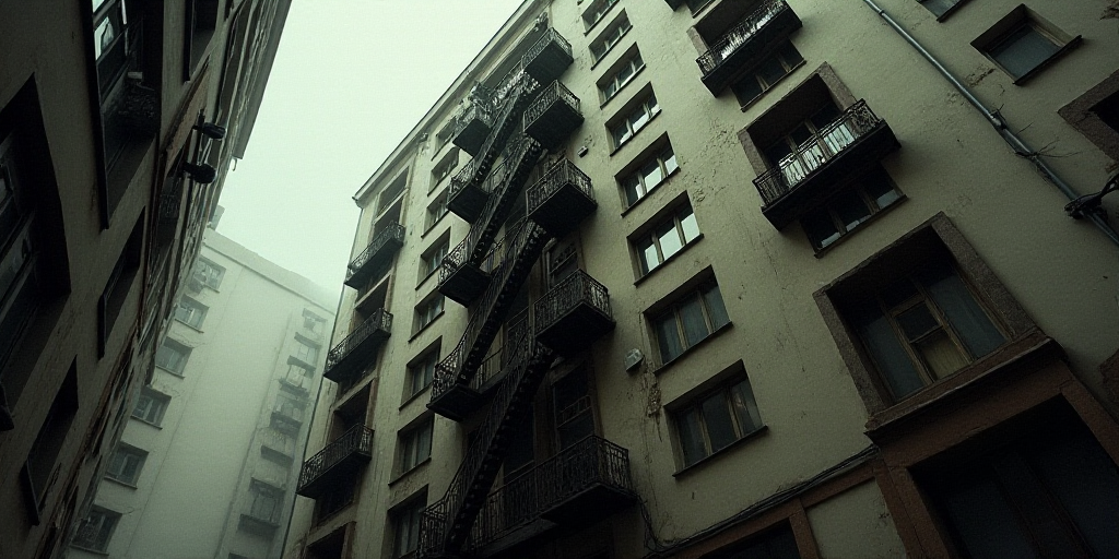 a very tall building with lots of windows and balconies on it's sides and a fire escape in the middl