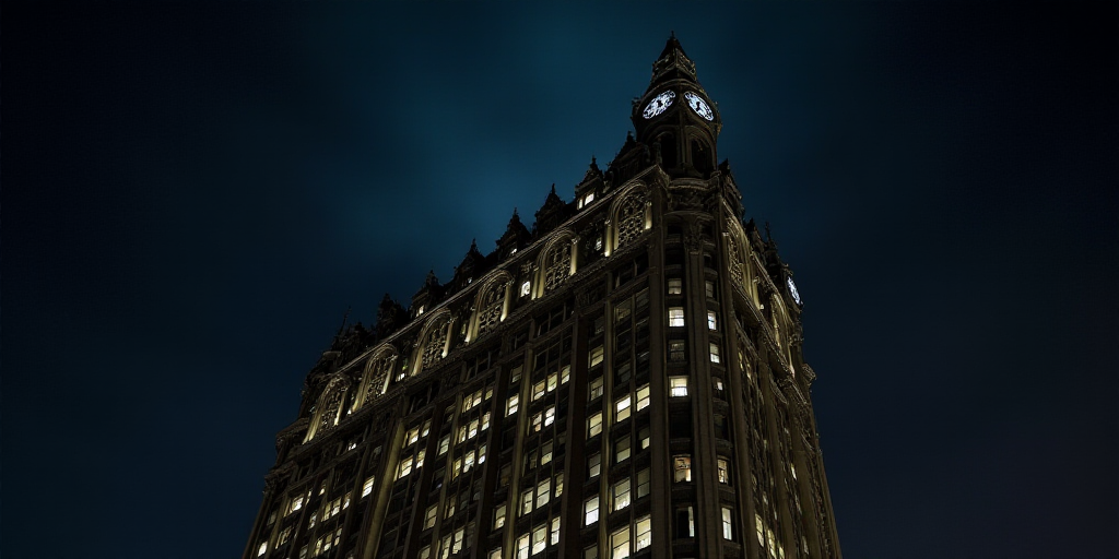 a very tall building with lots of windows and a clock on the side of it's face at night, Enguerrand