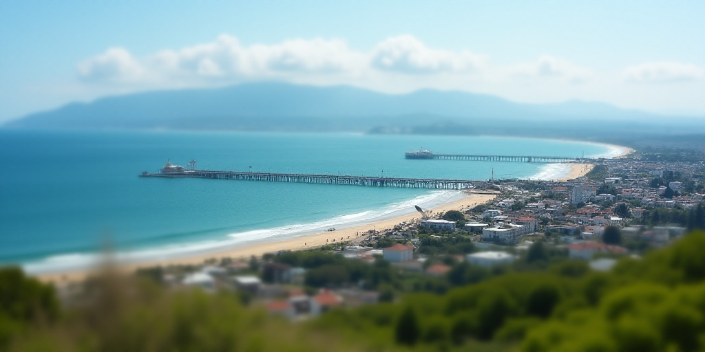 a view of a beach and a city from a high viewpoint of the ocean and a pier in the distance, Bascove,